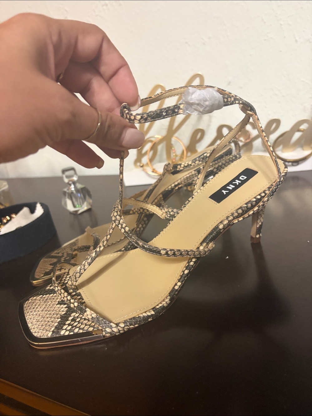 DKNY Beige Snake-Print Strappy Heeled Sandals
